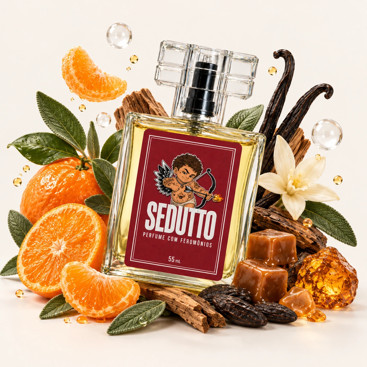 Sedutto entre tangerinas, sálvia, caramelo, fava-tonka, baunilha, âmbar e madeiras, representando as notas da fragrância